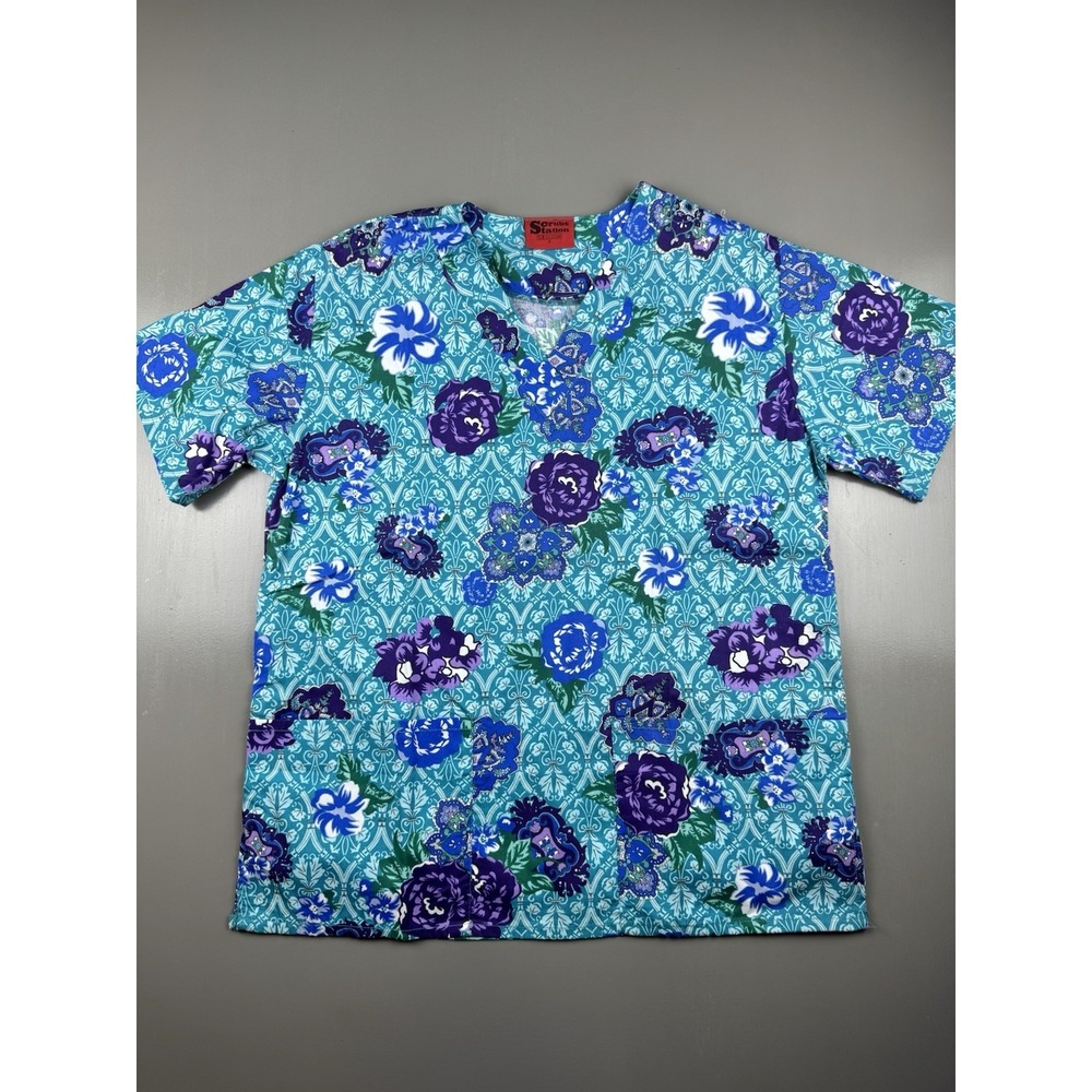Scrubs Station VS Collection Women's V Neck Scrub Top Size Small Teal Floral New